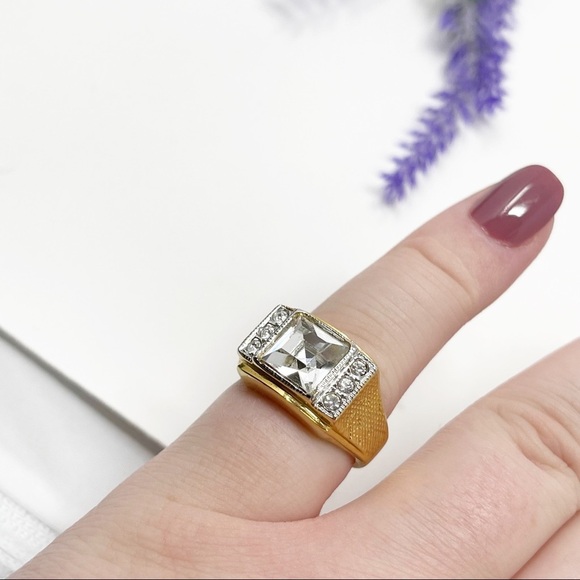 Vintage Men's Two Tone Square CZ Embellished Ring - Picture 3 of 4